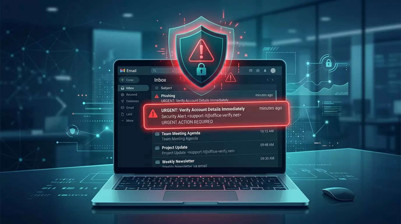 Phishing email warning on a laptop screen